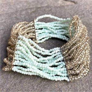 Beachy Aqua and clear, silver Stretchy Layered Boho Wide Bracelet coasta…